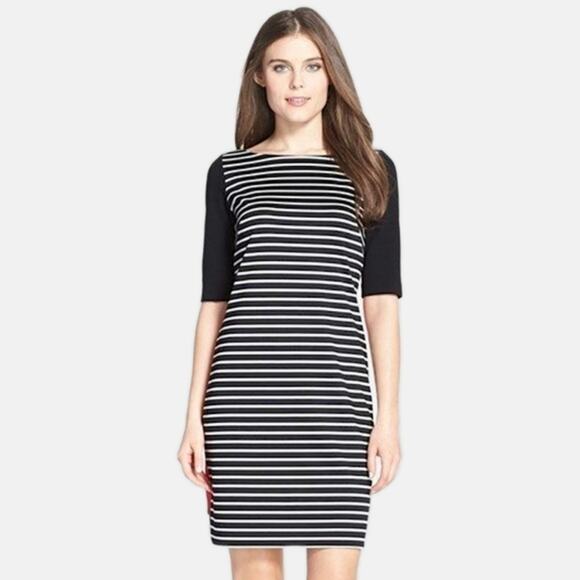 Eliza J Dresses & Skirts - Eliza J Women’s Dress Black White Striped Sheath Size 8 Gold Zip Colorblock Chic